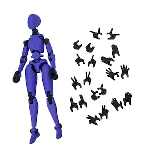 A purple and black action figure displayed alongside numerous interchangeable hand gestures on a white background.