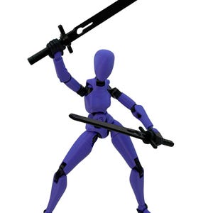 A purple and black articulated action figure posing dynamically with two swords against a white background.