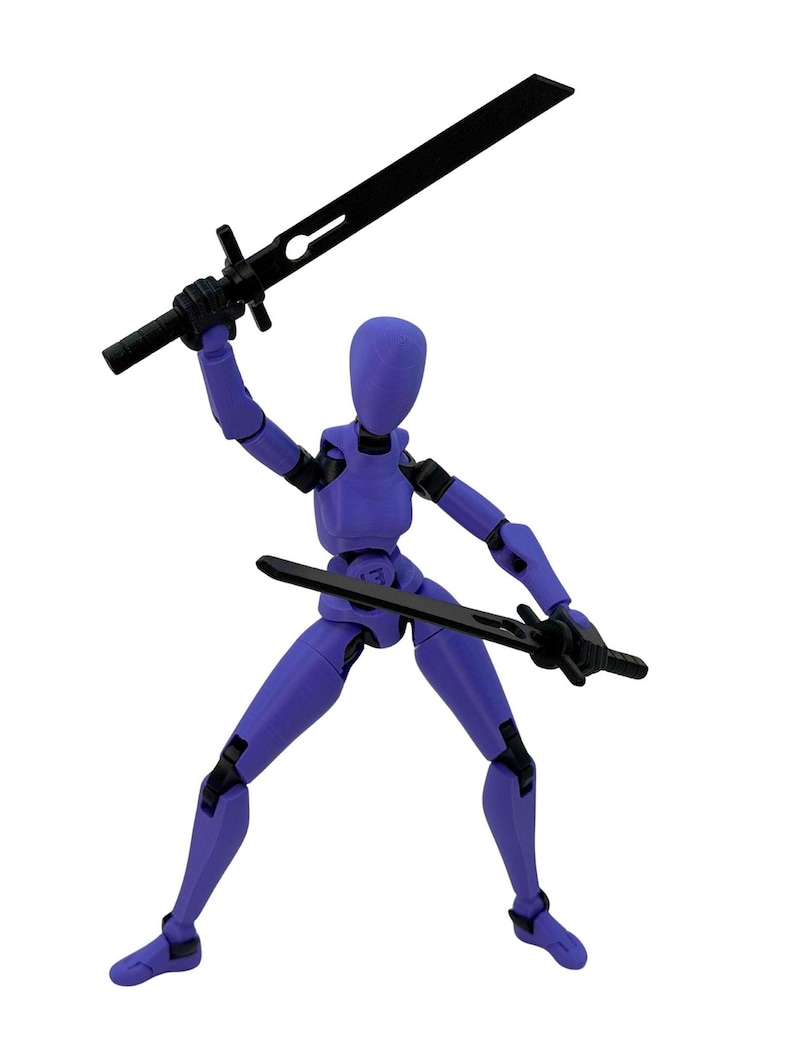 A purple and black articulated action figure posing dynamically with two swords against a white background.