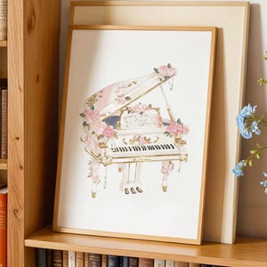 Póster con impresión artística de piano floral, elegante decoración de piano de cola y vertical, arte mural musical romántico, estética pastel vintage, rosa y blanco.