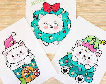 Christmas Cat Coloring Pages: Kawaii Holiday Art (Digital Download)