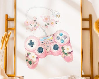 花柄ゲームコンソールアートプリント｜かわいいテックステッカー（デジタルダウンロード）
