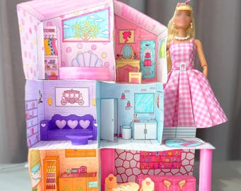 Afdrukbaar kleurenpoppenhuis: doe-het-zelf papierspeelgoed, kinderactiviteit (digitaal bestand)