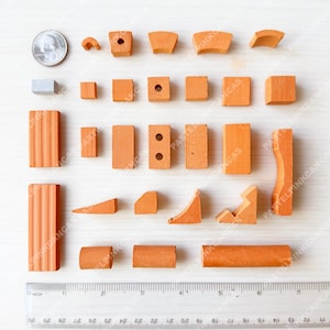 May include: An assortment of small, terracotta-colored brick pieces, including rectangular, curved, and cylindrical shapes, are arranged on a white surface. A US quarter and a ruler are also present, providing scale. The pieces vary in size and design.