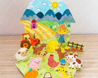 Printable Farm Scene, Animals, Tractor, Kids Coloring Activity (Digital Download)