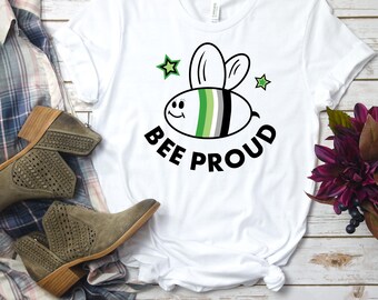 アロマンティック ビー プラウド T シャツ、キュートな LGBTQ+ アロマンティック プライド シャツ、アロマンティック フラッグ ビー T シャツ、アロマンティック ビジビリティ ギフト、ビー プライド シャツ、クィア T シャツ