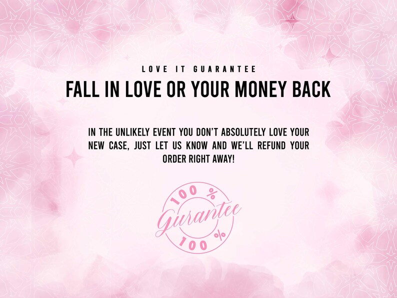 以下が含まれることがあります： ピンクと白の水彩画の背景に、「LOVE IT GUARANTEE FALL IN LOVE OR YOUR MONEY BACK」というテキストが書かれています。テキストの下には、「100% Guarantee 100%」というテキストが書かれた白い円があります。