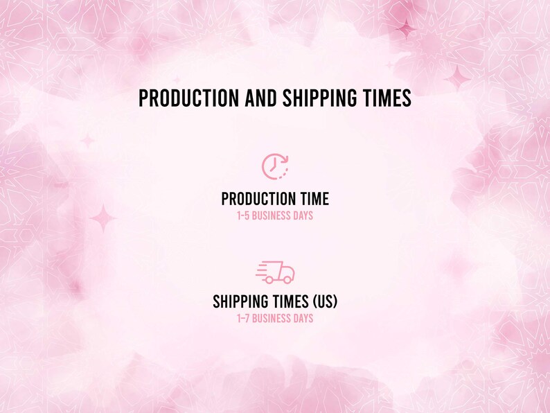 以下が含まれることがあります： 白い花の模様が入ったピンクの水彩画の背景。テキストは「PRODUCTION AND SHIPPING TIMES」。製造時間は1〜5営業日。配送時間（米国）は1〜7営業日です。