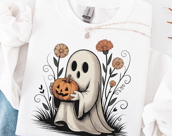 Fantasma lindo con calabaza PNG – Clipart de fantasma de Halloween vintage, diseño de camiseta de otoño con linterna de calabaza, otoño espeluznante retro imprimible
