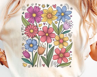 Retro Floral PNG Sublimacja - Jasne Rysowane Ręcznie Groovy Kwiaty Clipart, Boho Wiosenny Bukiet PNG na Koszulki, Kubki i Projekty Cyfrowe