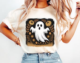 Vintage Halloween Ghost PNG – Hand-Drawn White Ghost with Rustic Florals, Pumpkins & Autumn Leaves for Sublimation Shirt Designs