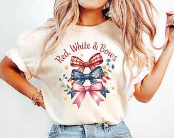 Red White & Bows PNG – Patriotic Bow Clipart with Stars and Florals, Coquette 4th of July Shirt Design, Cute USA Sublimation Graphic