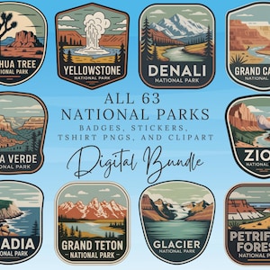 Peut inclure: Ensemble de badges et autocollants numériques avec des illustrations de divers parcs nationaux américains. Les motifs comprennent des paysages de Joshua Tree, Yellowstone, Denali, Grand Canyon, Mesa Verde, Zion, Acadia, Grand Teton, Glacier et Petrified Forest.
