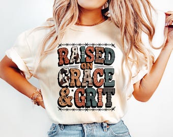 Raised on Grace & Grit PNG – Western Christian Sublimation Design with Cow Print, Plaid, Floral and Rustic Lettering for Faith Shirt or Mug
