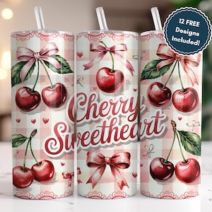 Cherry Sweetheart Tumbler Wrap PNG - Kokette Kirschschleife Gingham Design für 20 oz Skinny Tumbler, Retro Fruit Aesthetic Sublimation