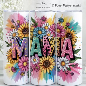 Copo Térmico Colorido Mama 20 oz PNG - Estampa de Leopardo Floral Arco-Íris Sublimação para Mãe - Copo Fino Girassol Margarida Dia das Mães