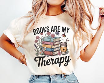 Books Are My Therapy PNG, Book Lover Sublimation Design, Cozy Coffee Wildflowers Illustration, Vintage Book Stack PNG for Readers