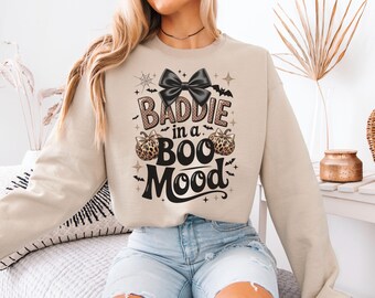 Baddie in a Boo Mood png, luipaardpompoen Halloween-shirtontwerp, schattige griezelige zwarte strik png, grafisch sublimatiebestand Glam Fall