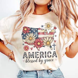 America Blessed by Grace PNG - Patrische Christliche USA Karte mit Gänseblümchen, Glaube-basiert 4. Juli Sublimations Design für Shirts & Dekor