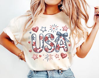 USA PNG Patriotic Floral Patch – Red White Blue Letters with Bow, Fireworks & Hearts | 4th of July Sublimation PNG for Shirts and Crafts