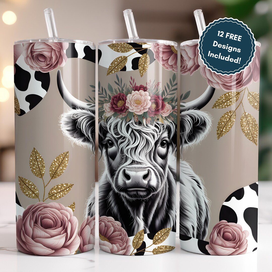 Cow Print Roses Floral Highland Cow Tumbler Wrap PNG โ Farmhouse Glam Cow Print With ...