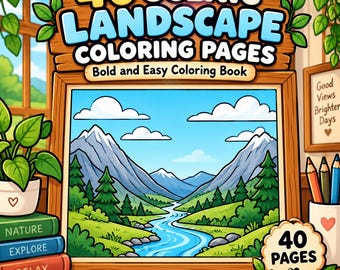 40 Scenic Landscape Coloring Pages, Bold and Easy Coloring Book,Framed Landscapes, Peaceful Nature Scenes, Relaxing Views Printable PDF