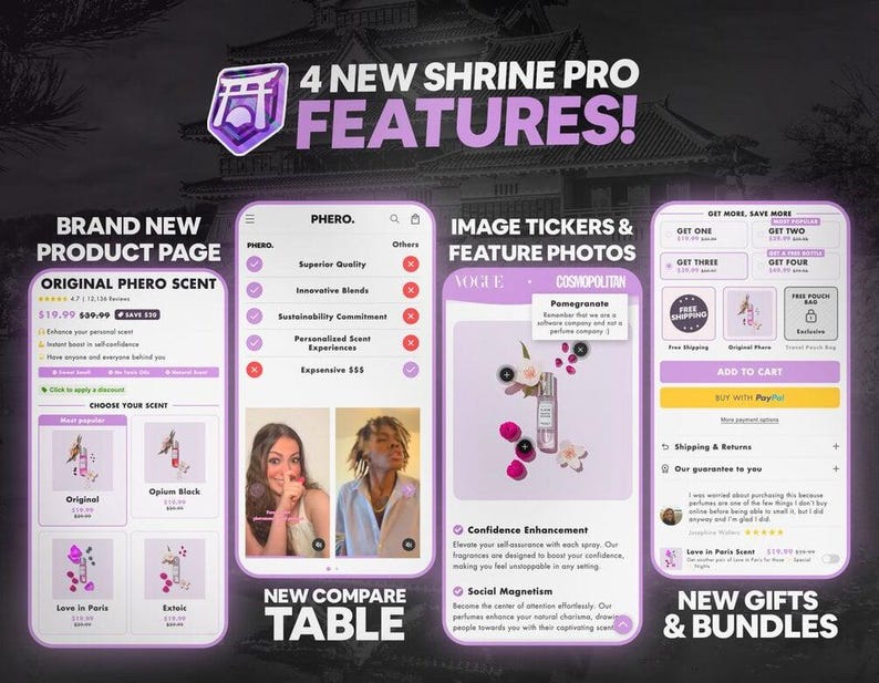 May include: A screenshot of a website showcasing new features for a product called "Shrine Pro". The website features a product page for a fragrance called "Original Phero Scent", a compare table, image tickers, and a new gifts and bundles section. The website is designed with a purple and white color scheme.