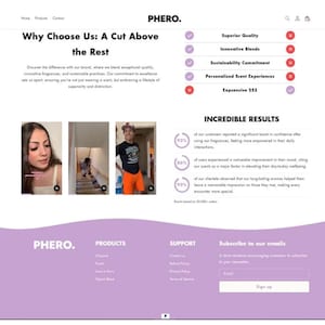 May include: Website screenshot of PHERO, a brand that blends exceptional quality, innovative fragrances, and sustainable practices. The website features a tagline "Why Choose Us: A Cut Above the Rest" and highlights key brand values such as superior quality, innovative blends, sustainability commitment, personalized scent experiences, and expensive 555. The website also showcases customer testimonials with statistics indicating a significant boost in confidence, mood improvement, and memorable impressions.