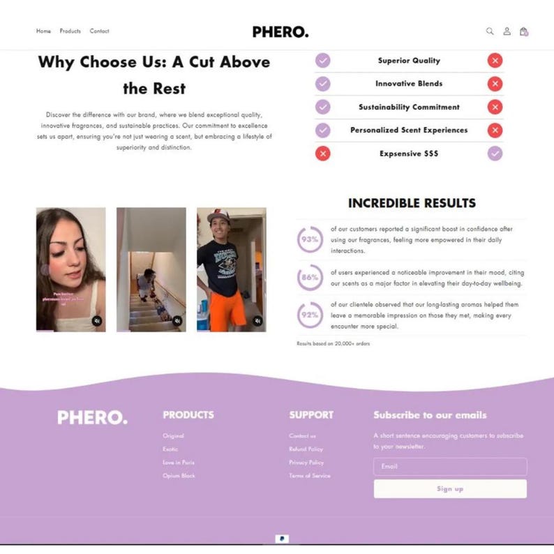 May include: Website screenshot of PHERO, a brand that blends exceptional quality, innovative fragrances, and sustainable practices. The website features a tagline "Why Choose Us: A Cut Above the Rest" and highlights key brand values such as superior quality, innovative blends, sustainability commitment, personalized scent experiences, and expensive 555. The website also showcases customer testimonials with statistics indicating a significant boost in confidence, mood improvement, and memorable impressions.