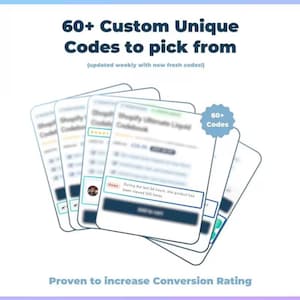 Puede incluir: Imagen con el texto "60+ Custom Unique Codes to pick from" y "Proven to increase Conversion Rating". La imagen muestra varias tarjetas digitales con contenido borroso, una etiquetada como "Shopify Ultimate Liquid Codebook". Una insignia dice "60+ Codes".