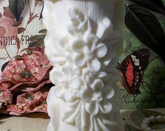 Free USA Shipping White Beeswax Raised Flower Design Pillar Candle