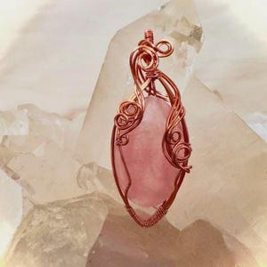 Rose Quartz Necklace Pendant Wrapped in Copper Wire