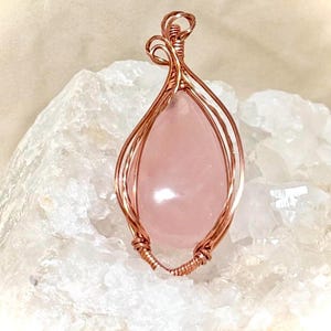 Rose Quarts Teardrop Pendant Wrapped In Copper Wire