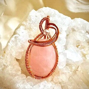 Rose Quartz Necklace Pendant Wrapped in Copper Wire