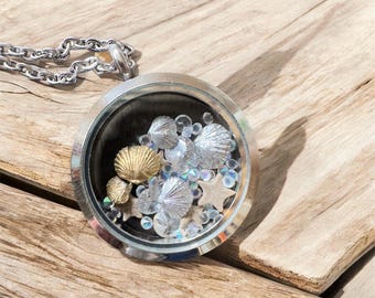 Floating Locket Filled with Brachiopod and Crinoid Fossils on Stainless Steel Chain