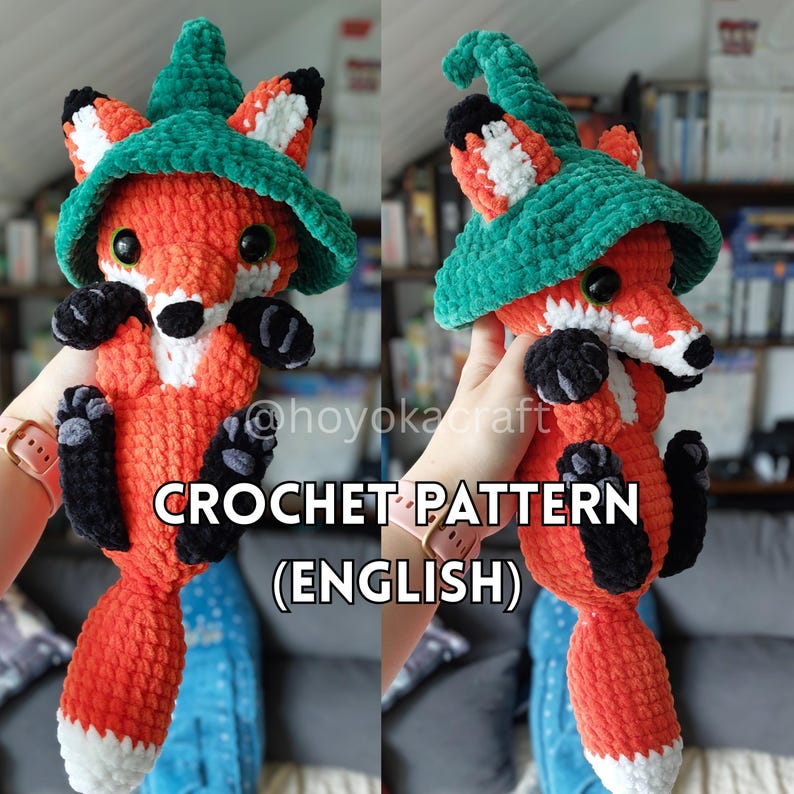 May include: A handmade orange and white crochet fox wearing a green hat. The fox has black paws and a black nose. The text "CROCHET PATTERN (ENGLISH)" is displayed below the fox.