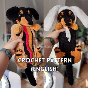 May include: Two plush crochet dachshund toys. The left toy wears a tan bun costume with a red and yellow stripe. The right toy wears a white bunny ear headband. Both have black and tan fur, large dark eyes, and the text CROCHET PATTERN (ENGLISH).