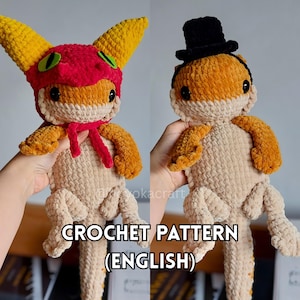 Peut inclure: Deux peluches de lézard au crochet, l'une avec un chapeau et une écharpe rouges et jaunes, l'autre avec un haut-de-forme noir. Les peluches sont beiges, oranges et jaunes. Le texte "CROCHET PATTERN (ENGLISH)" est en bas.