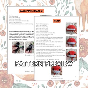 May include: A pattern preview with instructions for crocheting a head and back paws. The head is red and white, and the back paws are black. The text "PATTERN PREVIEW" is displayed in large, bold letters.