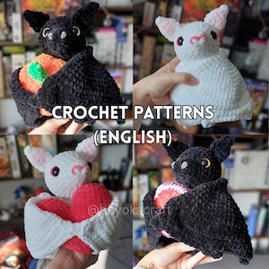 May include: Four crochet bat patterns are shown. Two are black, and two are white. The bats have pink ears and noses. One black bat holds an orange pumpkin. The text "CROCHET PATTERNS (ENGLISH)" is displayed.