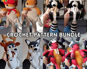Amigurumi Crochet Pattern Bundle: Animals with Interchangeable Hats - Dragon, Bearded Dragon, Raccoon, Husky (PDF Pattern)