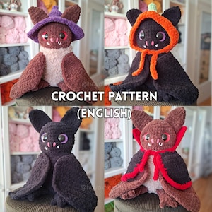 May include: Four plush crochet bats in various colours and outfits. Top left: brown bat with purple hat. Top right: black bat with orange hood. Bottom left: plain black bat. Bottom right: brown bat with red cape. Text reads: CROCHET PATTERN (ENGLISH).