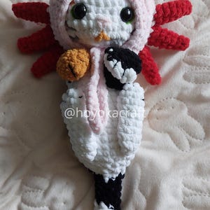 Calico cat crochet plush with axolotl hat