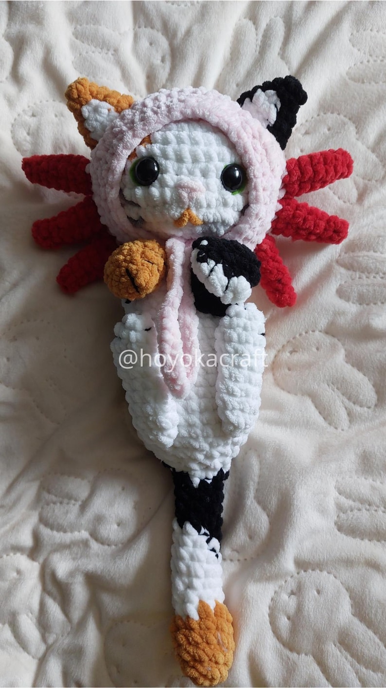 Calico cat crochet plush with axolotl hat