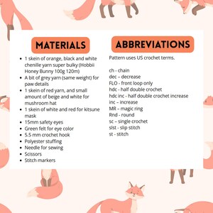 May include: A crochet pattern information sheet listing materials including orange, black, white, red, beige, and grey yarn, 15mm safety eyes, green felt, a 5.5 mm crochet hook, polyester stuffing, needle, scissors, and stitch markers with US terms.