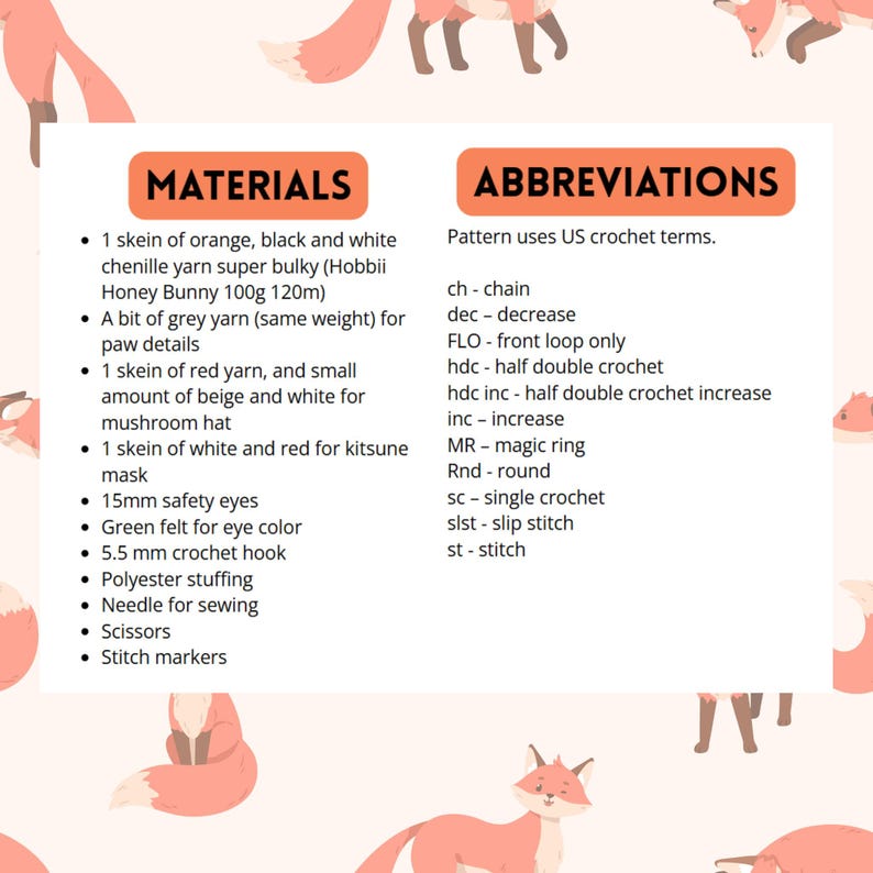 May include: A crochet pattern information sheet listing materials including orange, black, white, red, beige, and grey yarn, 15mm safety eyes, green felt, a 5.5 mm crochet hook, polyester stuffing, needle, scissors, and stitch markers with US terms.