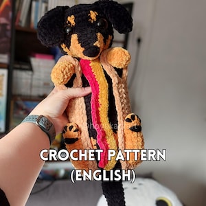 Haakpatroon voor een amigurumi teckel met hotdog- en konijnenoutfit (PDF-patroon)