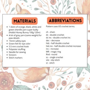 May include: A list of crochet materials and abbreviations is displayed on a white background with a floral design. The materials include yarn, safety eyes, a crochet hook, and other supplies. The abbreviations section lists common crochet terms.