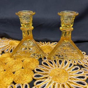 Vintage Tiara Indiana Glass Yellow Candle Holders Set of 2