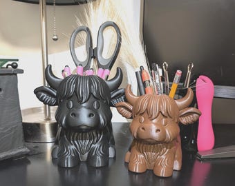 Highland Cow Desk Organizer, Makeup Brush Holder, Cute Boho Farmhouse Decor, Q-tip Vanity Storage, Cow Lover Gift for Her, Teacher Present